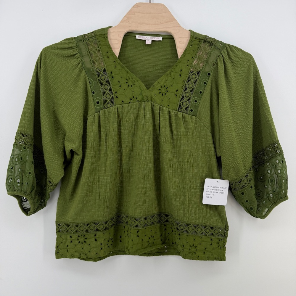 Stella + Ginger Cedar Green Eyelet Embroidered V-Neck Blouse Top PL NWT